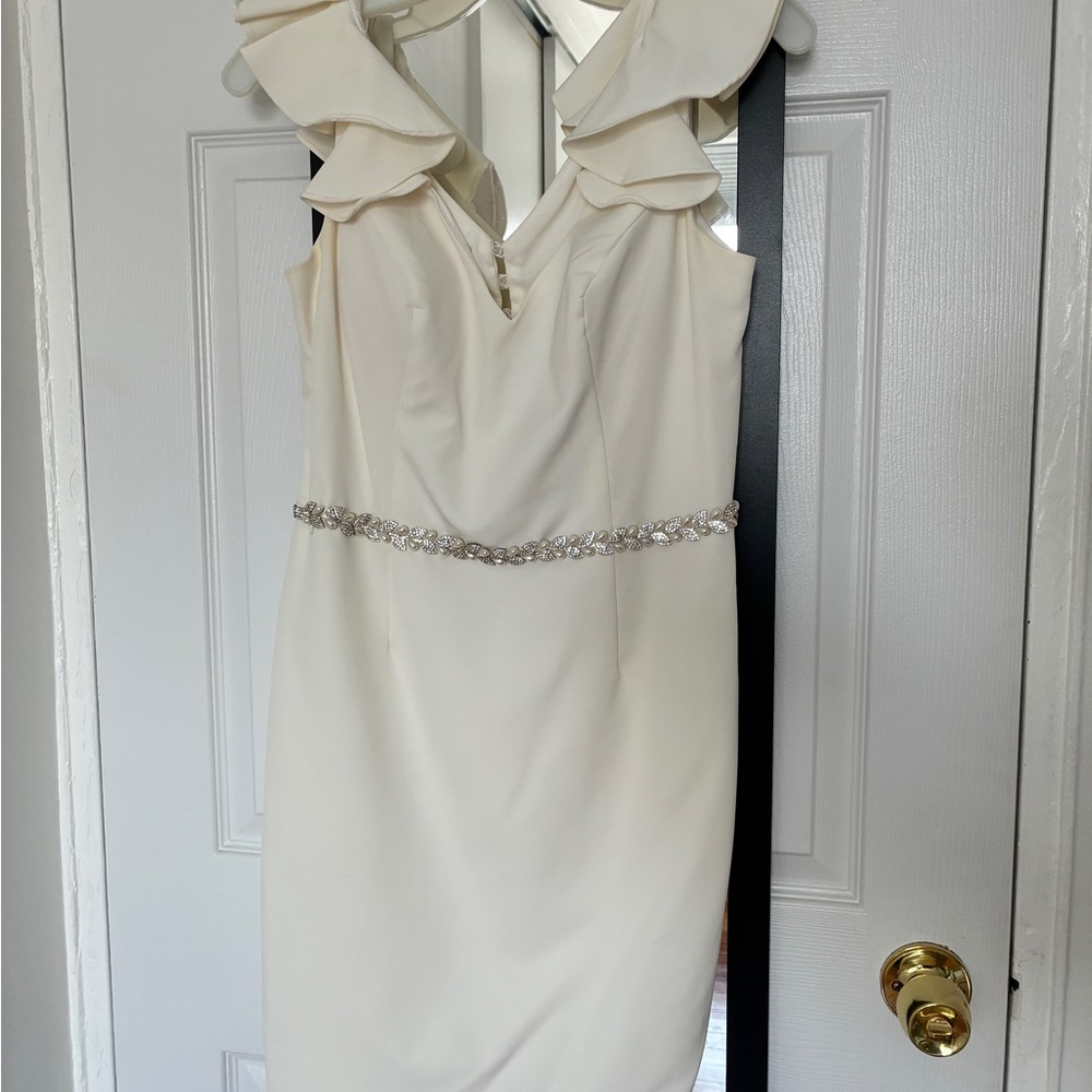 David's Bridal Cream Ruffle Mini Dress